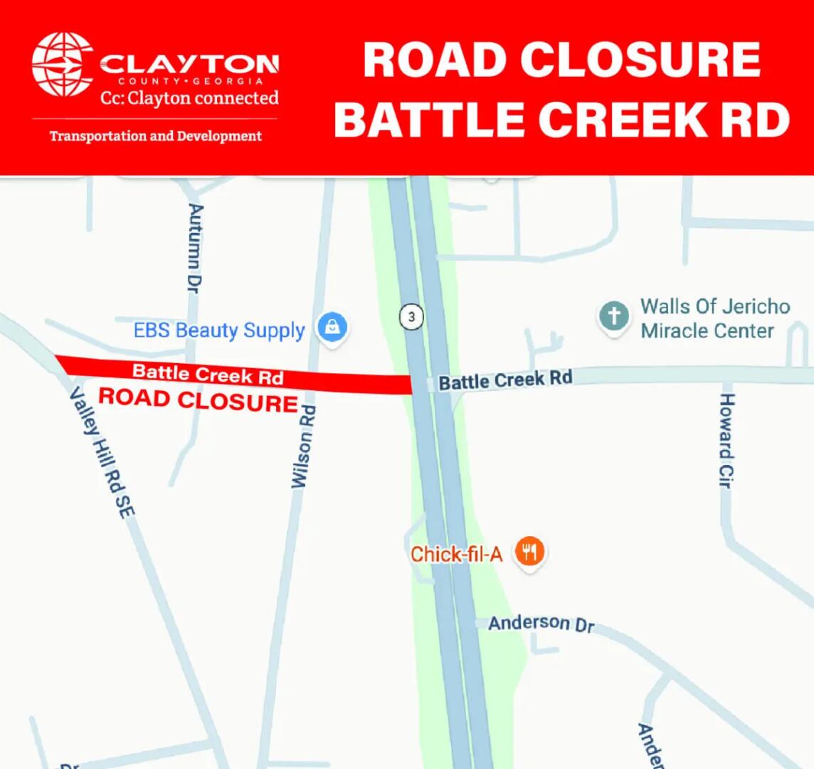 Road Closure Battle Creek Road map image from Valley Hill Rd SE to Hwy 3.