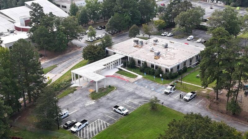 top of Shelnutt Senior Center with trucks in the parking lot