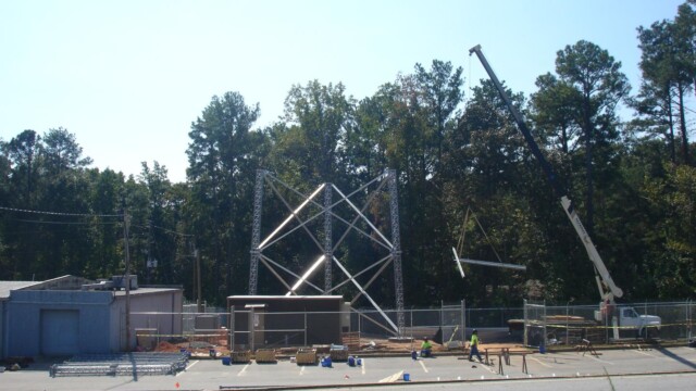 A radio tower base under construction