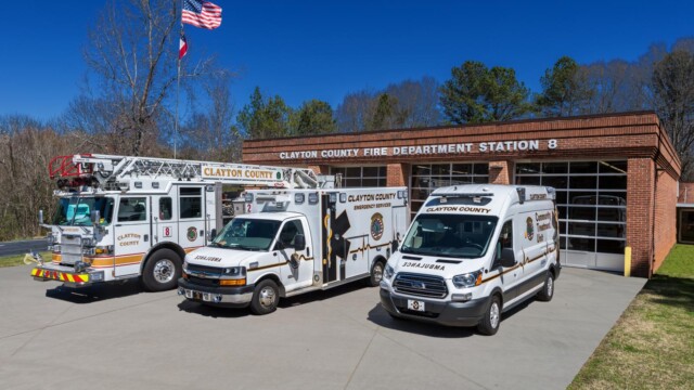 Fire truck, ambulance, and van