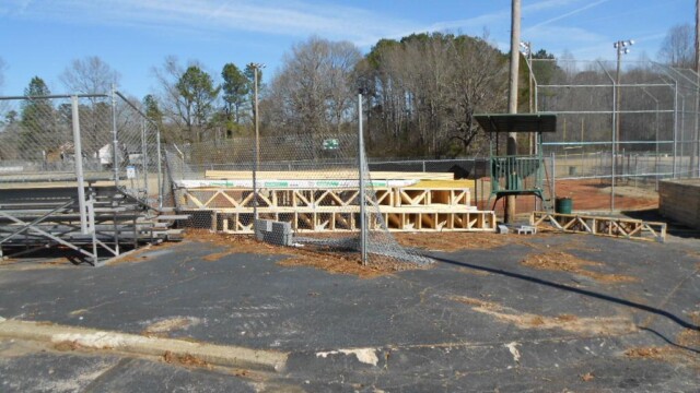 View from parking lot of wood foundation