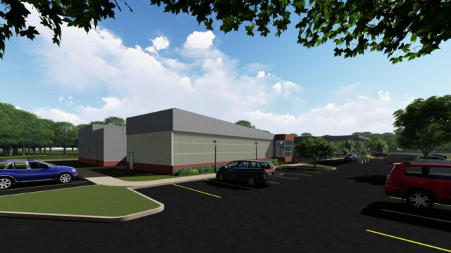 artist rendering of front left perspective of building