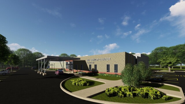 artist rendering of front right perspective of building