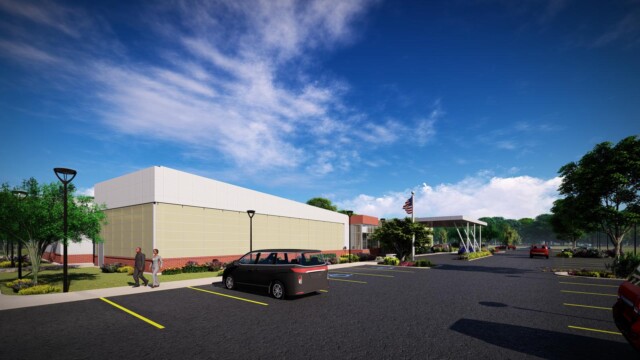 artist rendering of building from left side parking lot