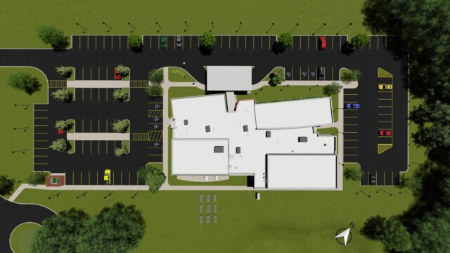 Site plan artist rendering from above with building and parking lot