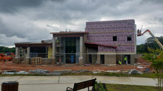 Lake Spivey Recreation Center - Rec Center Under Construction - Outside View With Pink Weather Protection Lake Spivey Recreation Center - Rec Center Under Construction - Outside View With Pink Weather Protection