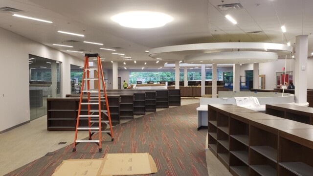 Empty bookshelves at NW Library