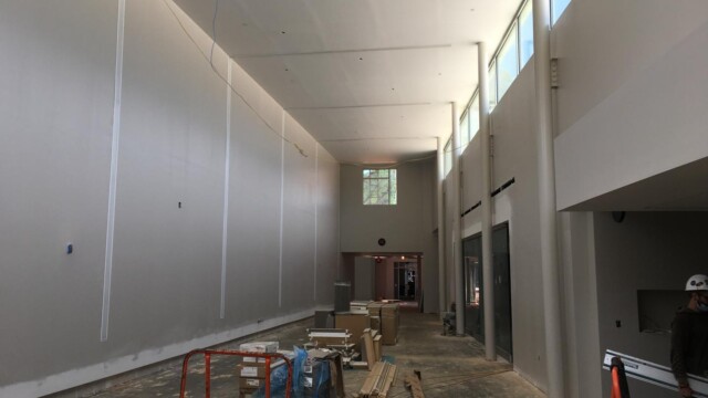 Construction supplies laid out in the corridor