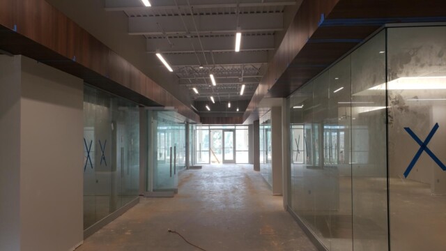 Interior with glass panel walls