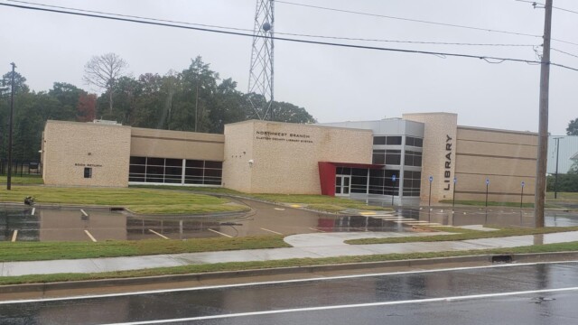 NW Library as viewed from the street on a rainy day