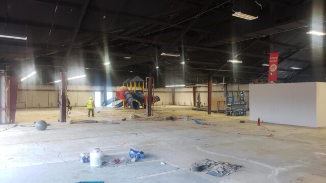 Nassau Building with jungle gym being erected inside