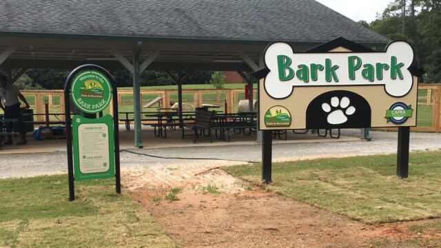 Bark Park Dog Park sign and pavillion