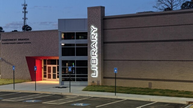 Illuminated sign at the front of NW Library