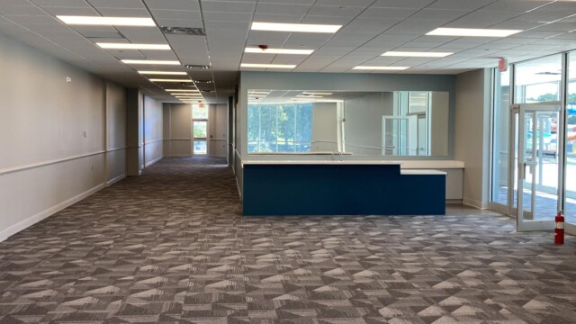 blue painted counter cabinets on second level
