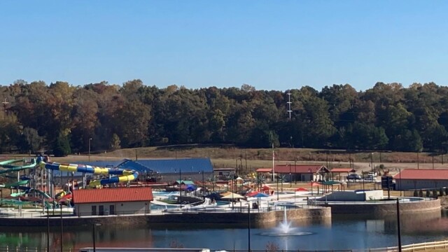 International Water Park with water slides and fountains, from afar