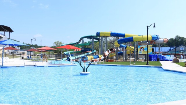 Shallow pool with basketball hoops in the center