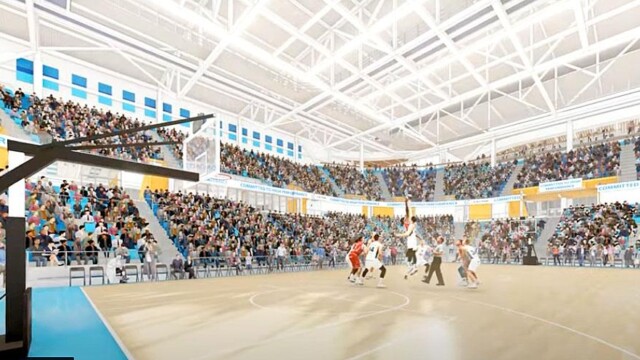 Artist rendering of basketball game in arena