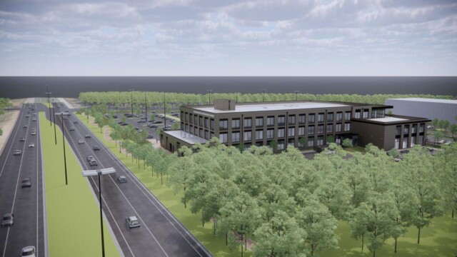 View of building rendering from side and above