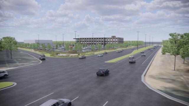 View of Building rendering from street with cars