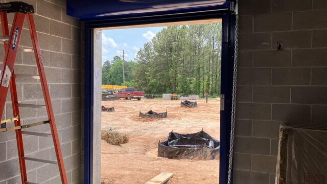 View from door in building to construction