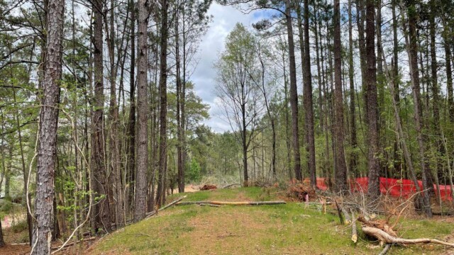 River's Edge Phase 3 construction long pathway surrounded by trees