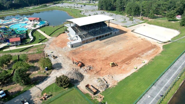 Lakeview Amphitheatre outside seating facing dirt where a field would be